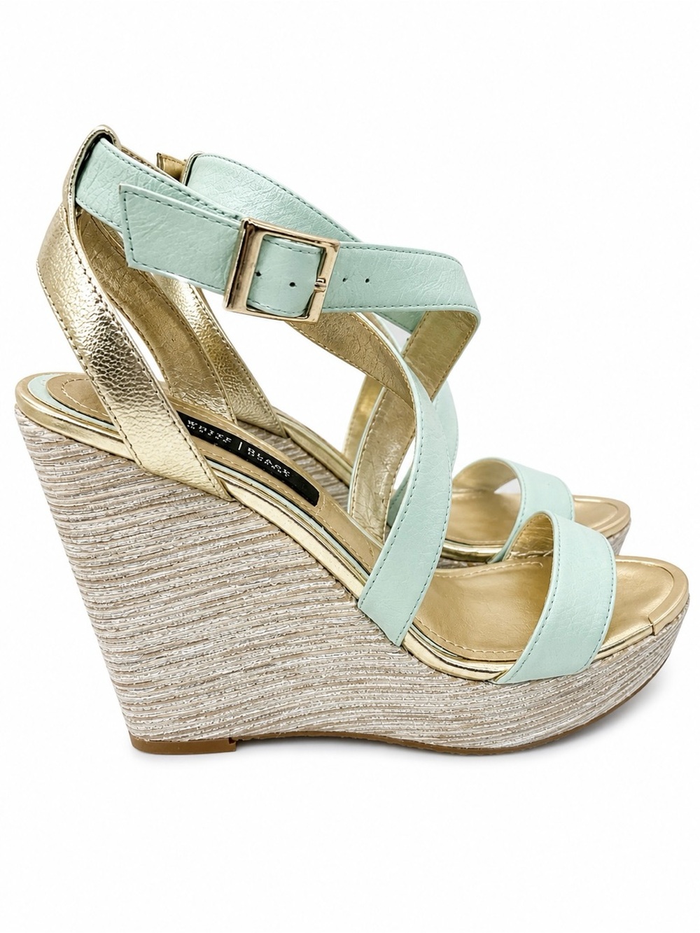 WHBM White House Black Market Wedge Sandals 6M Gold Mint Strappy Platform Heels